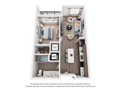 Floor plan for 1 bed, 1 bath, 582 sqft